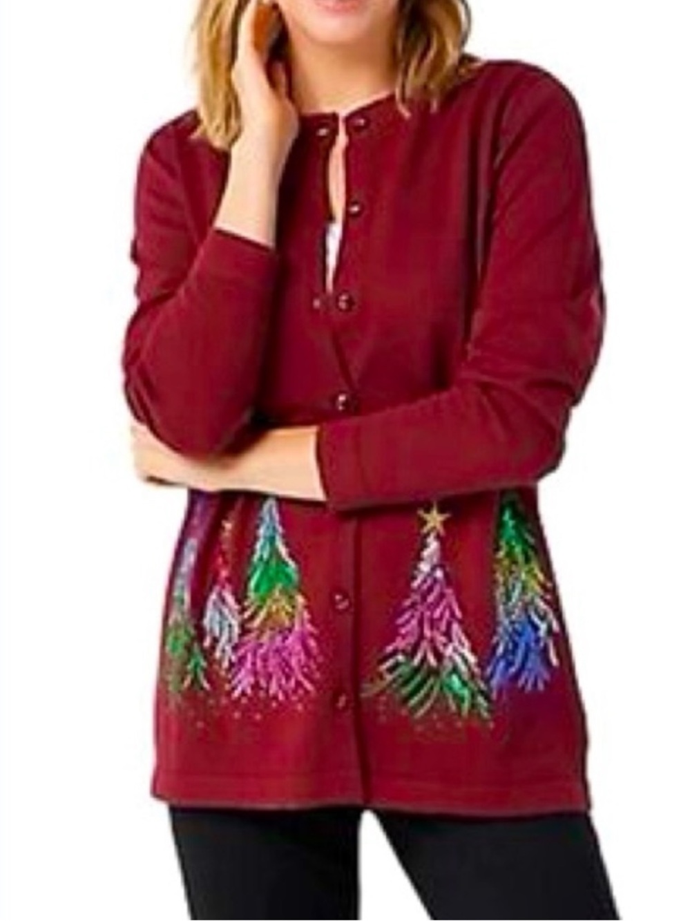 EUC Quacker Factory burgandy button front knit cardigan sequin Christmas trees L